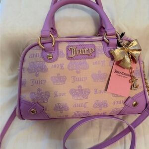 Juicy Couture Lilac and Cream Crown Print Satchel with Gold Charm